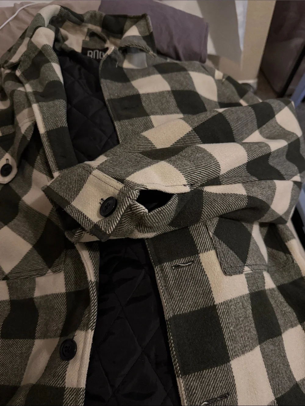 BDG Black and Cream Plaid Quilted Field Shirt Jacket